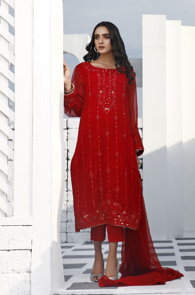 SANA'S red embroidered raw silk suit Pakistan occasion wear
