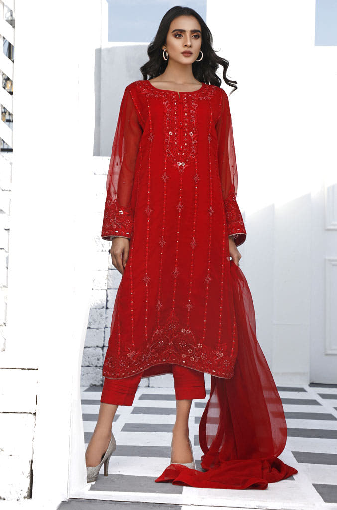 SANA'S red embroidered raw silk suit Pakistan occasion wear