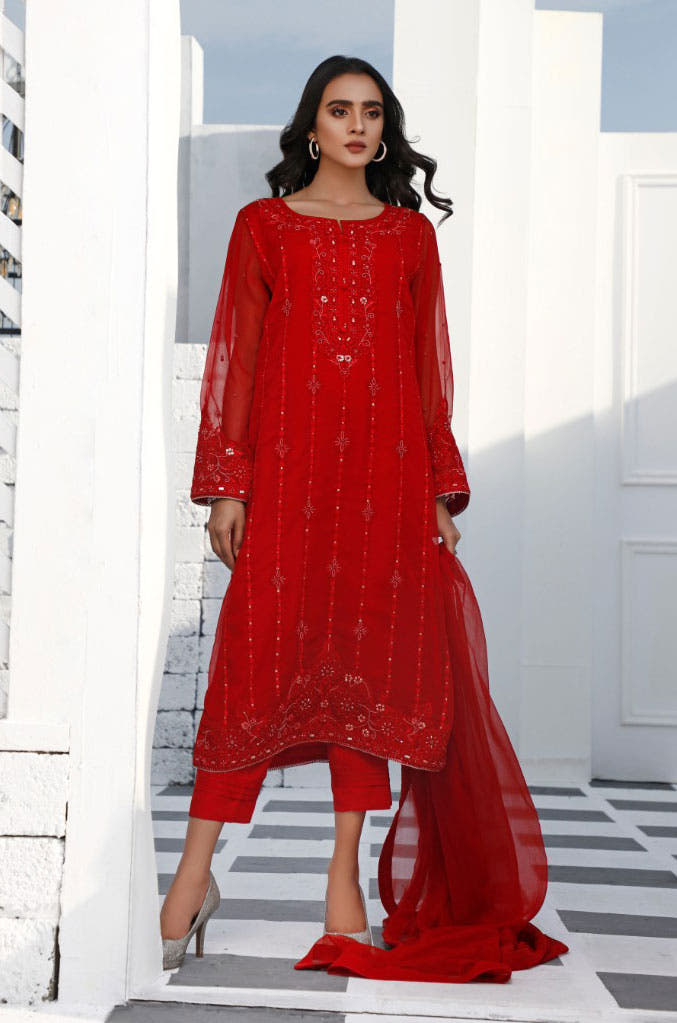 SANA'S red embroidered raw silk suit Pakistan occasion wear
