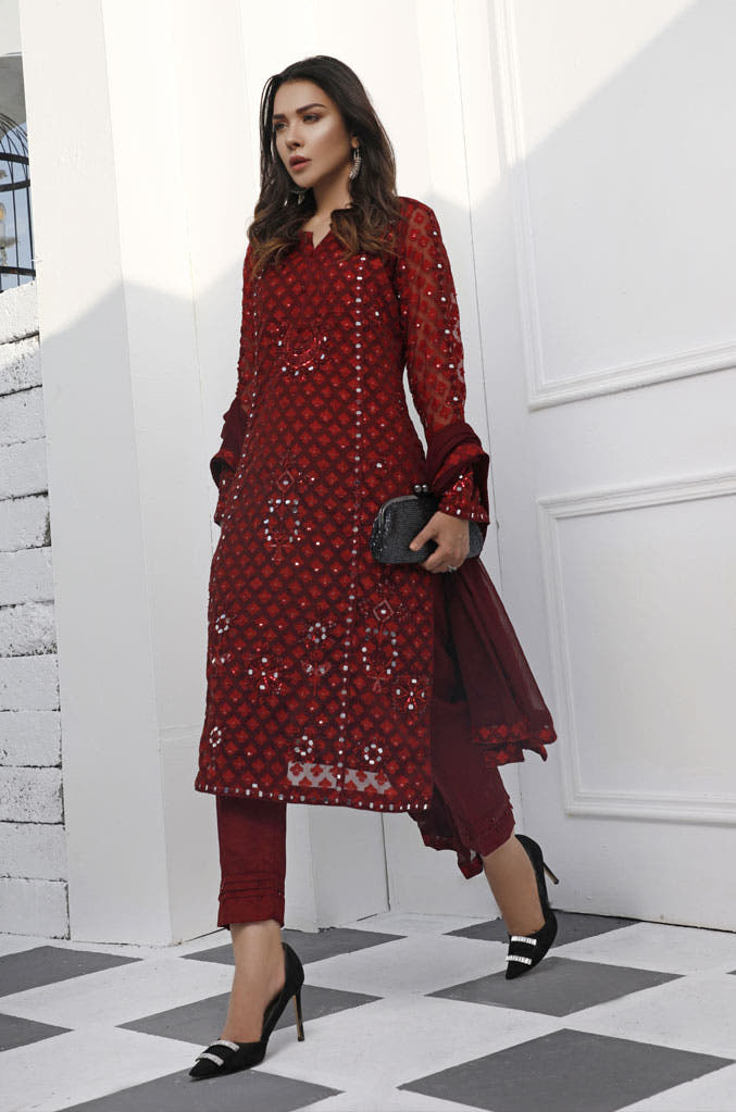 SANA'S red embroidered raw silk suit Pakistan occasion wear