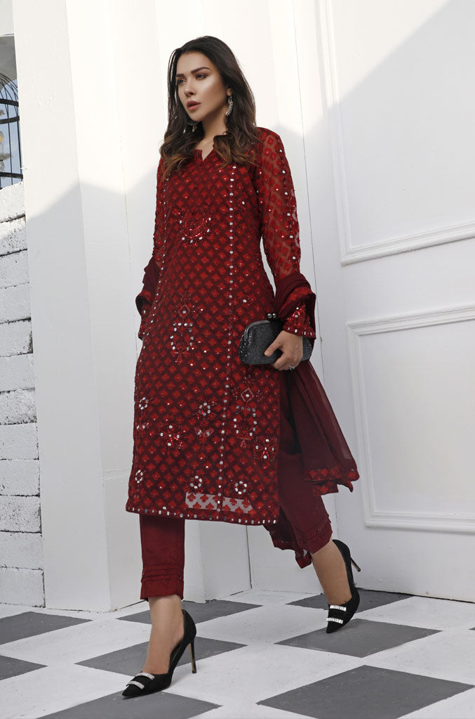 Mirror Embroidered Jacquard Raw Silk 3pc Suit | Valentines Special | S765
