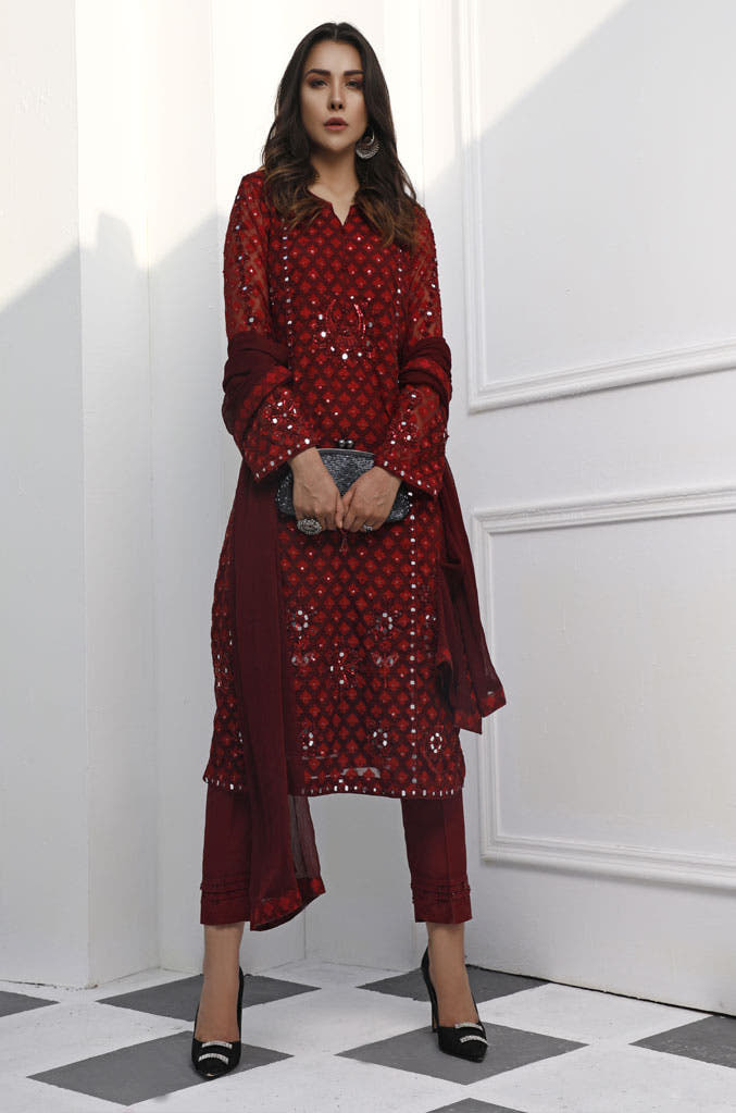 SANA'S red embroidered raw silk suit Pakistan occasion wear