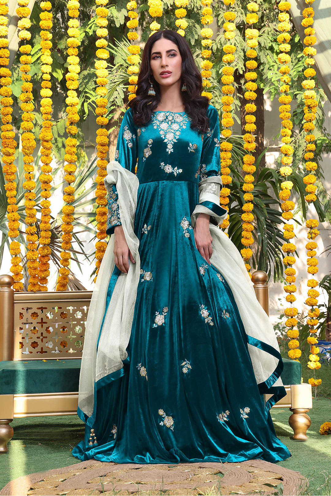 SANA'S red embroidered velvet maxi dress Pakistan occasion wear