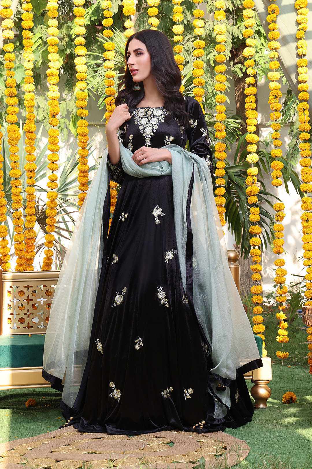 SANA'S red embroidered velvet maxi dress Pakistan occasion wear