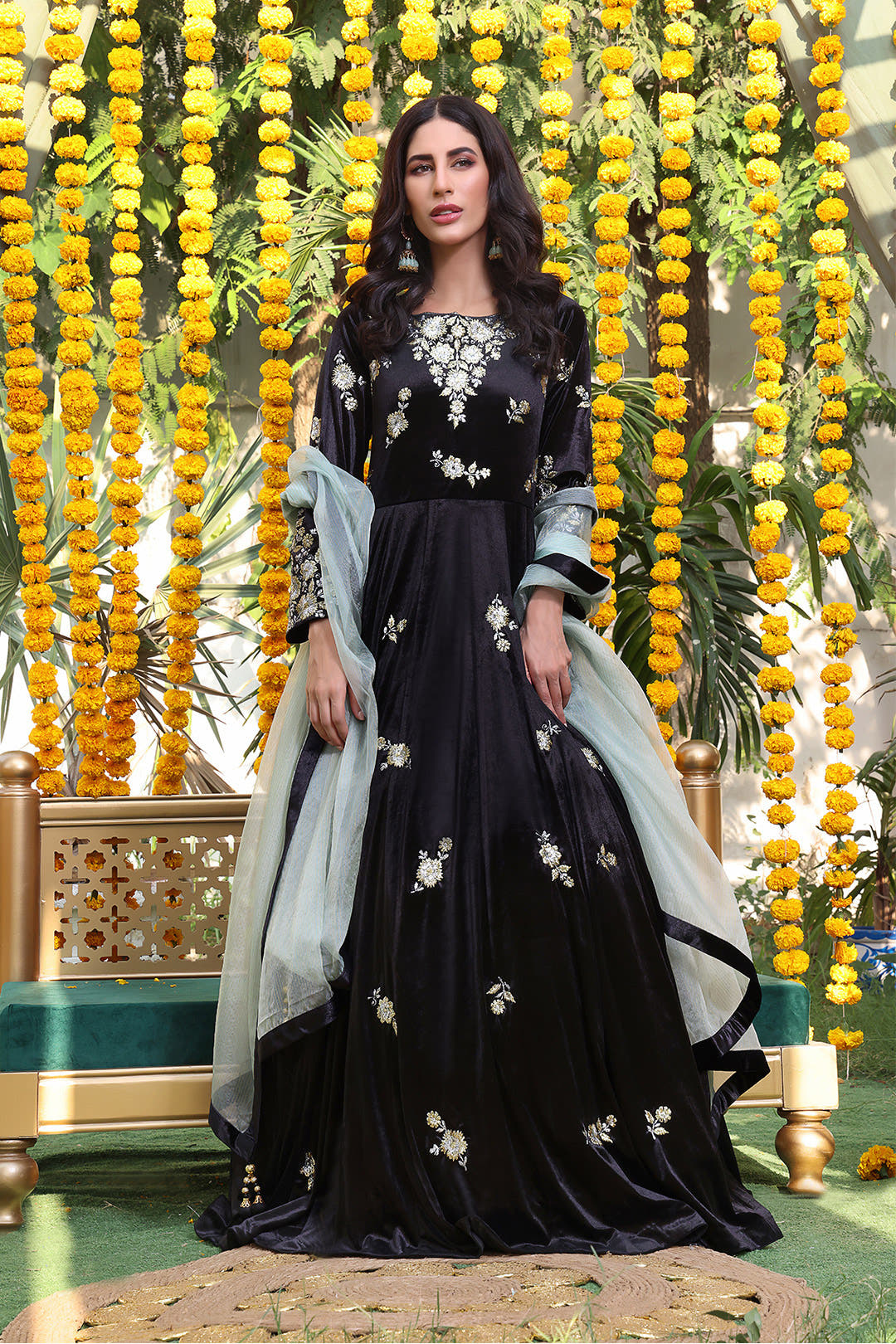 SANA'S red embroidered velvet maxi dress Pakistan occasion wear