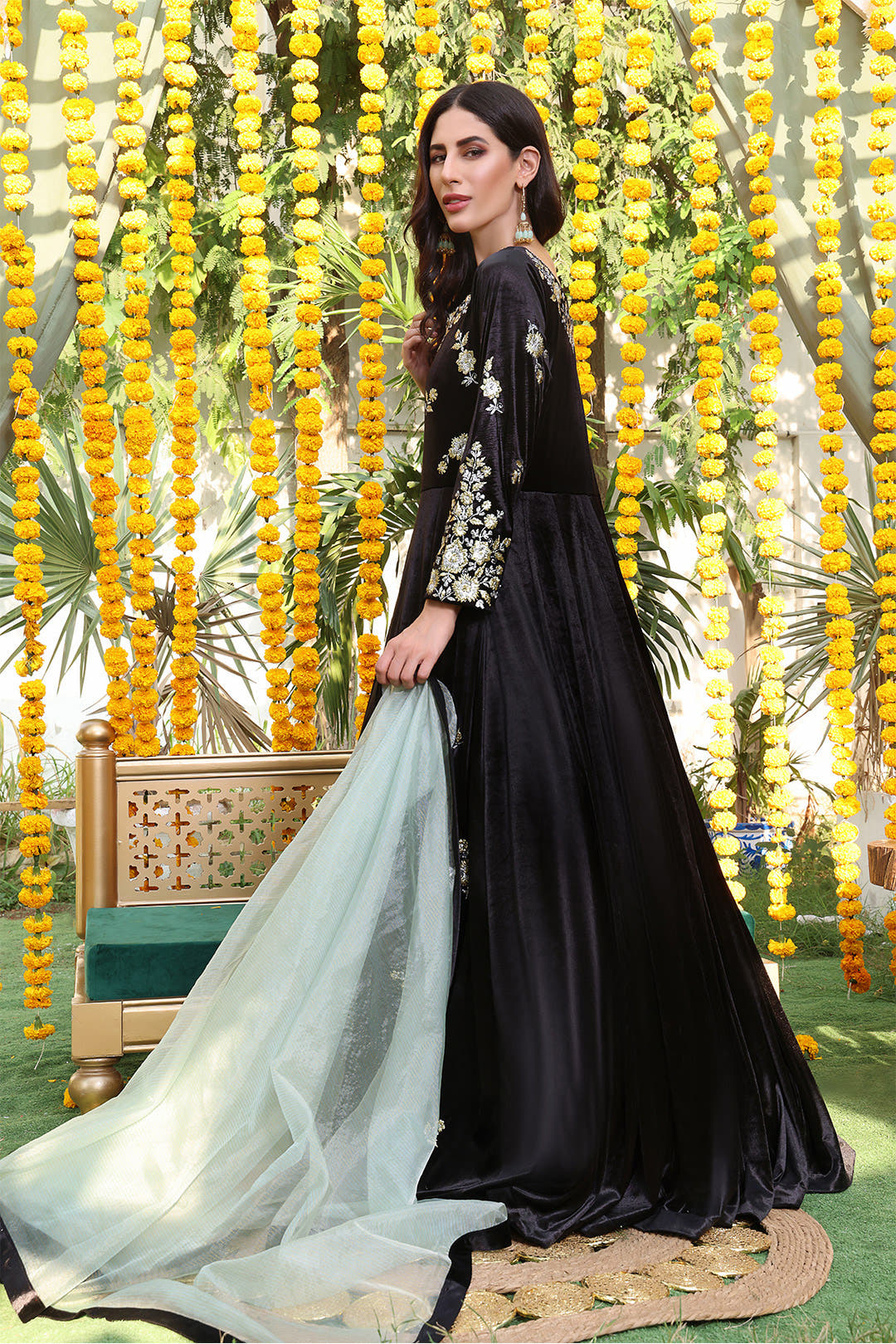 SANA'S red embroidered velvet maxi dress Pakistan occasion wear