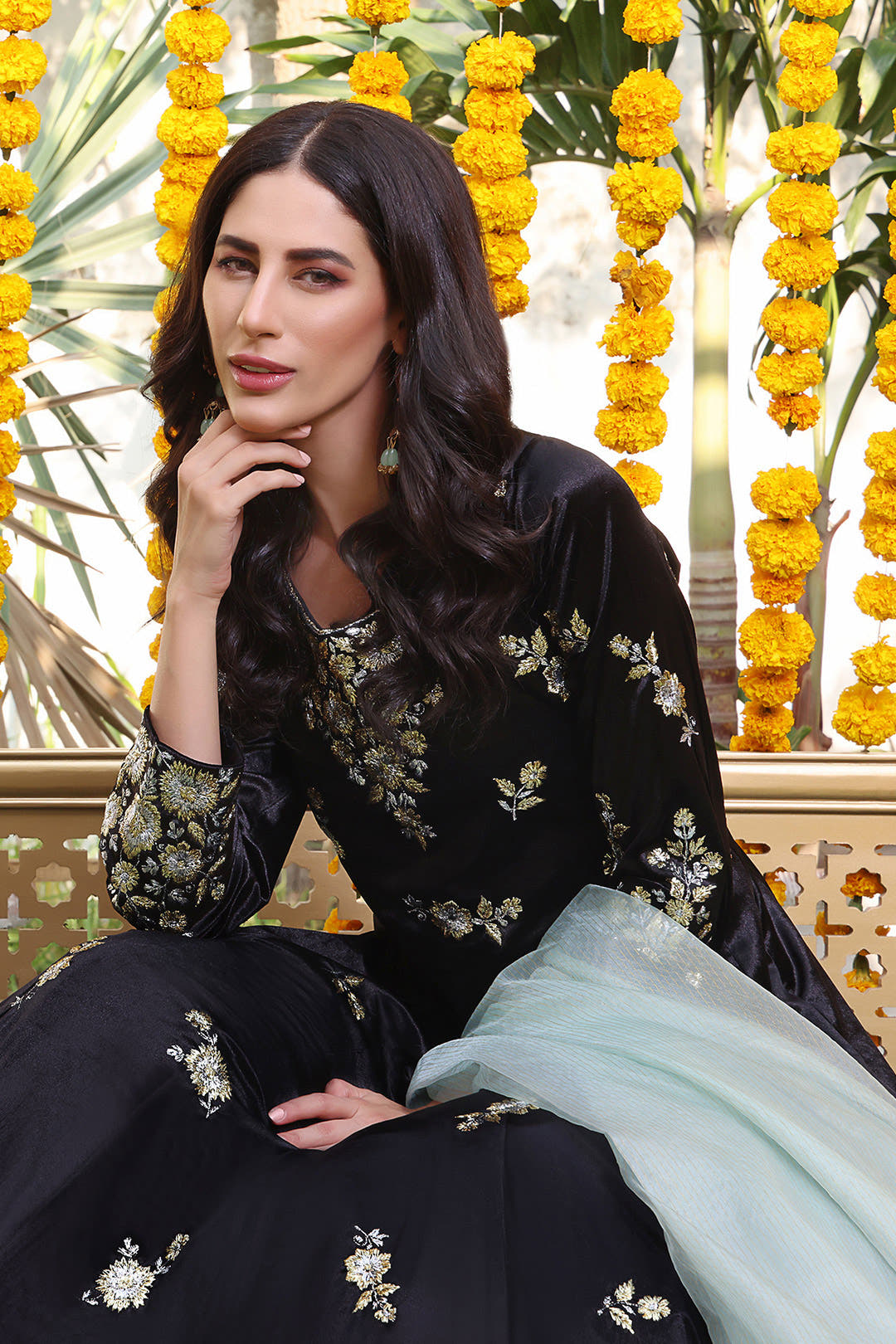 SANA'S red embroidered velvet maxi dress Pakistan occasion wear