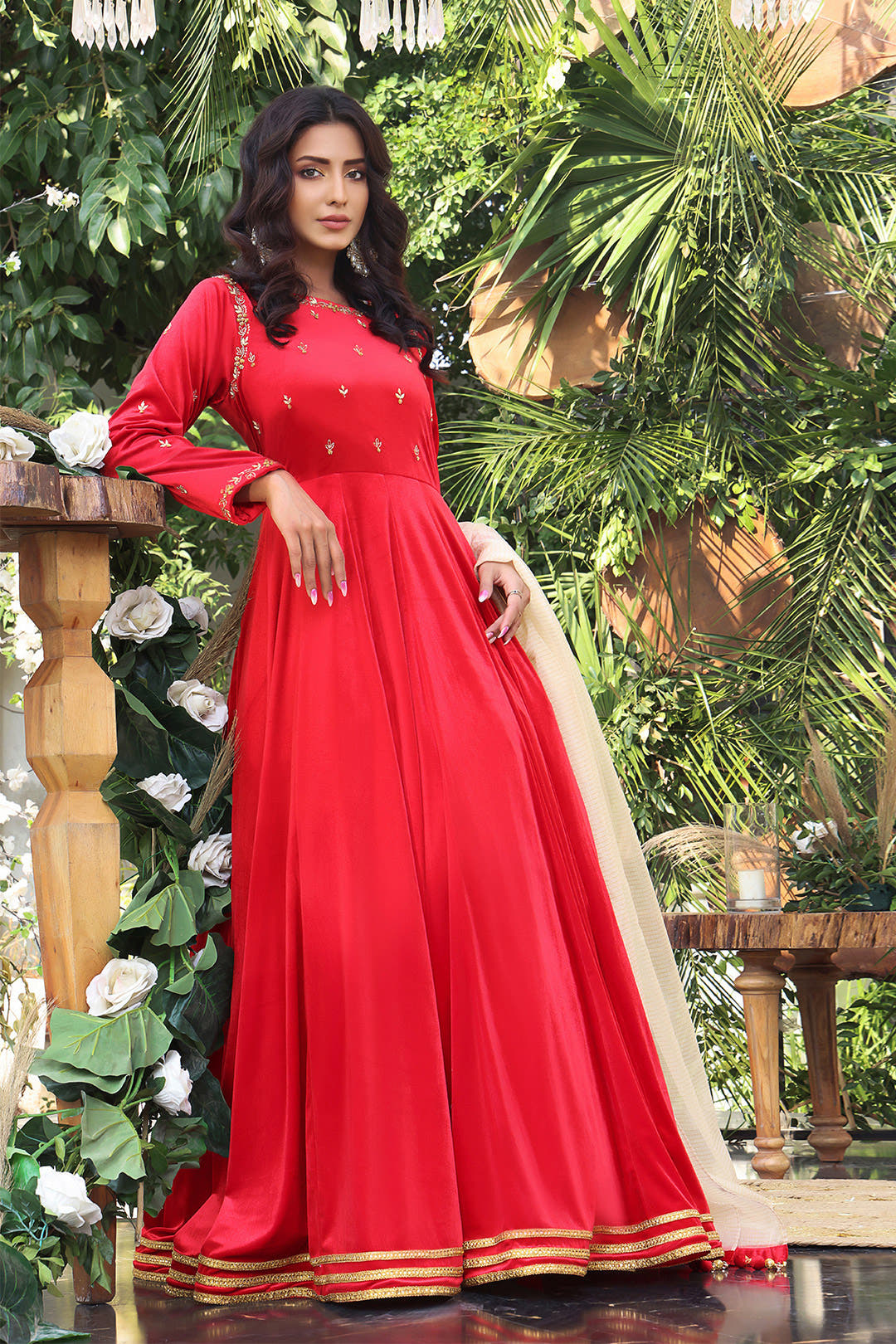SANA'S red embroidered velvet maxi dress Pakistan occasion wear