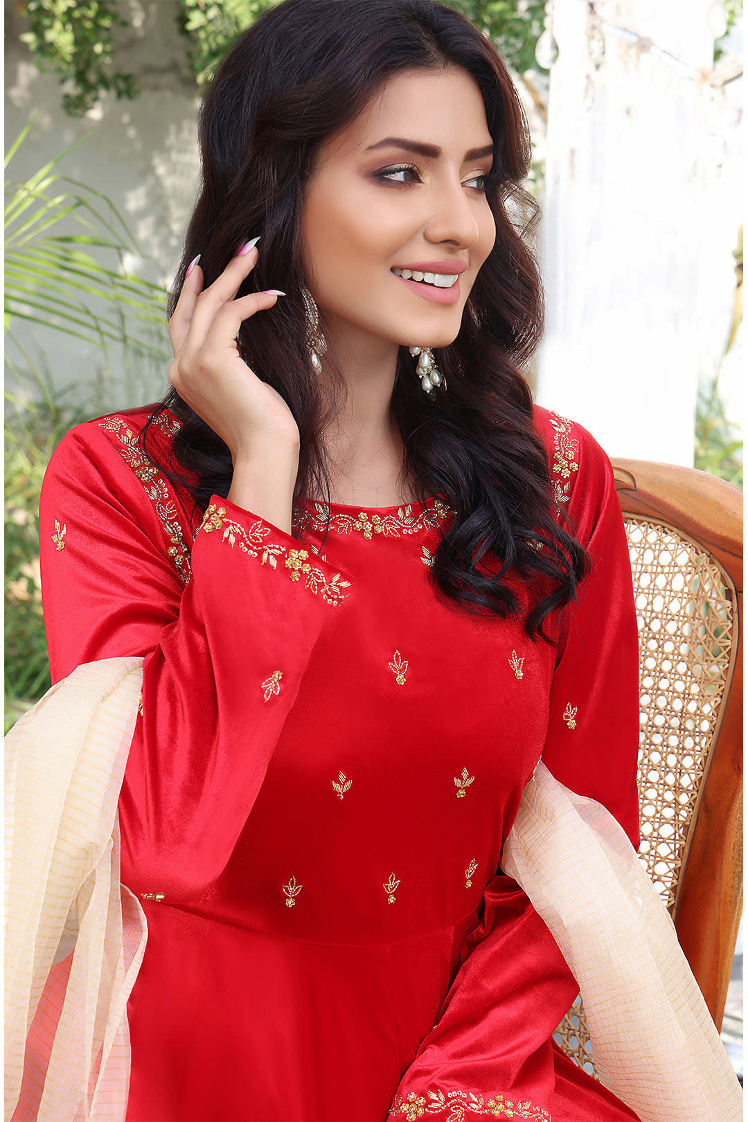 SANA'S red embroidered velvet maxi dress Pakistan occasion wear