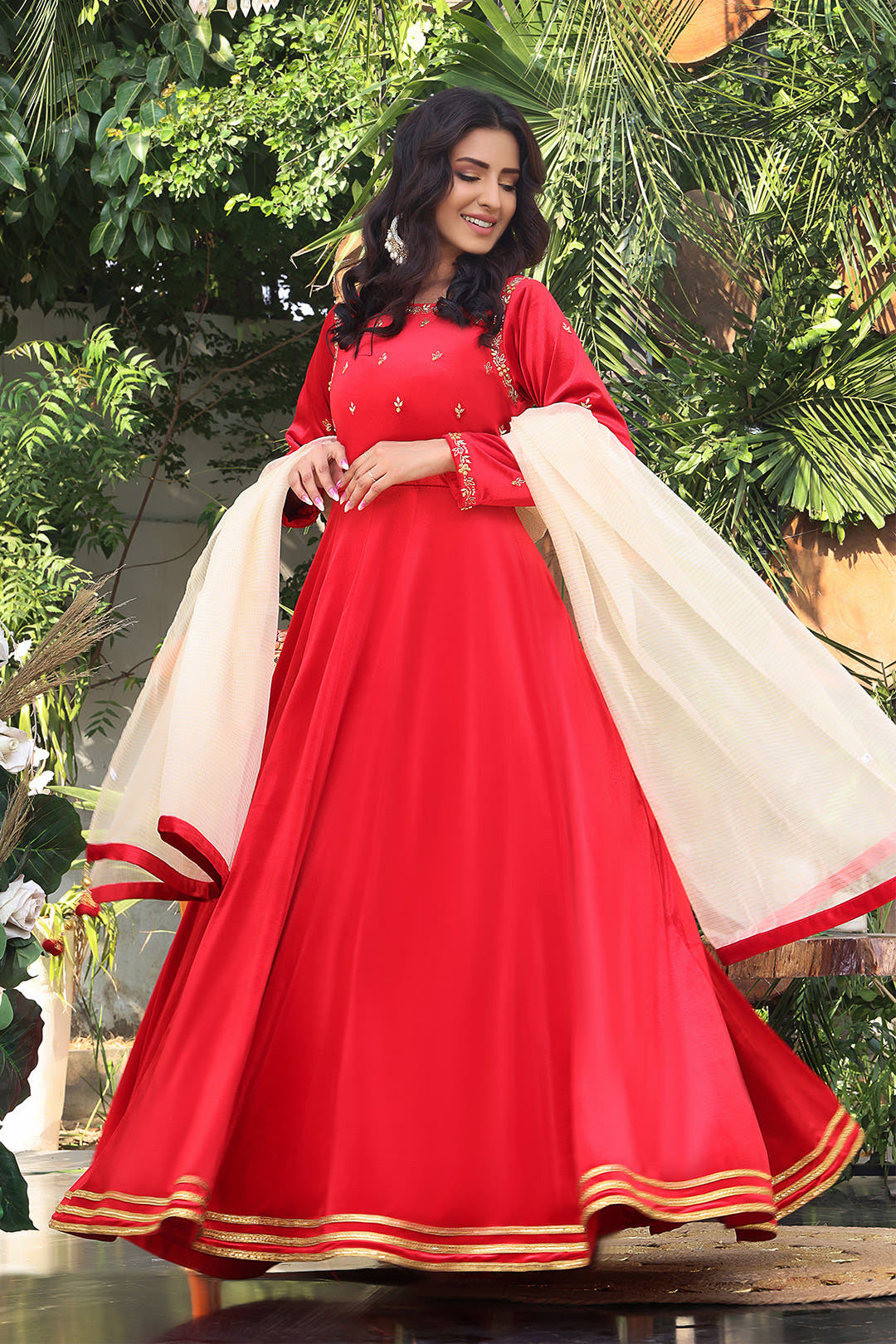 SANA'S red embroidered velvet maxi dress Pakistan occasion wear
