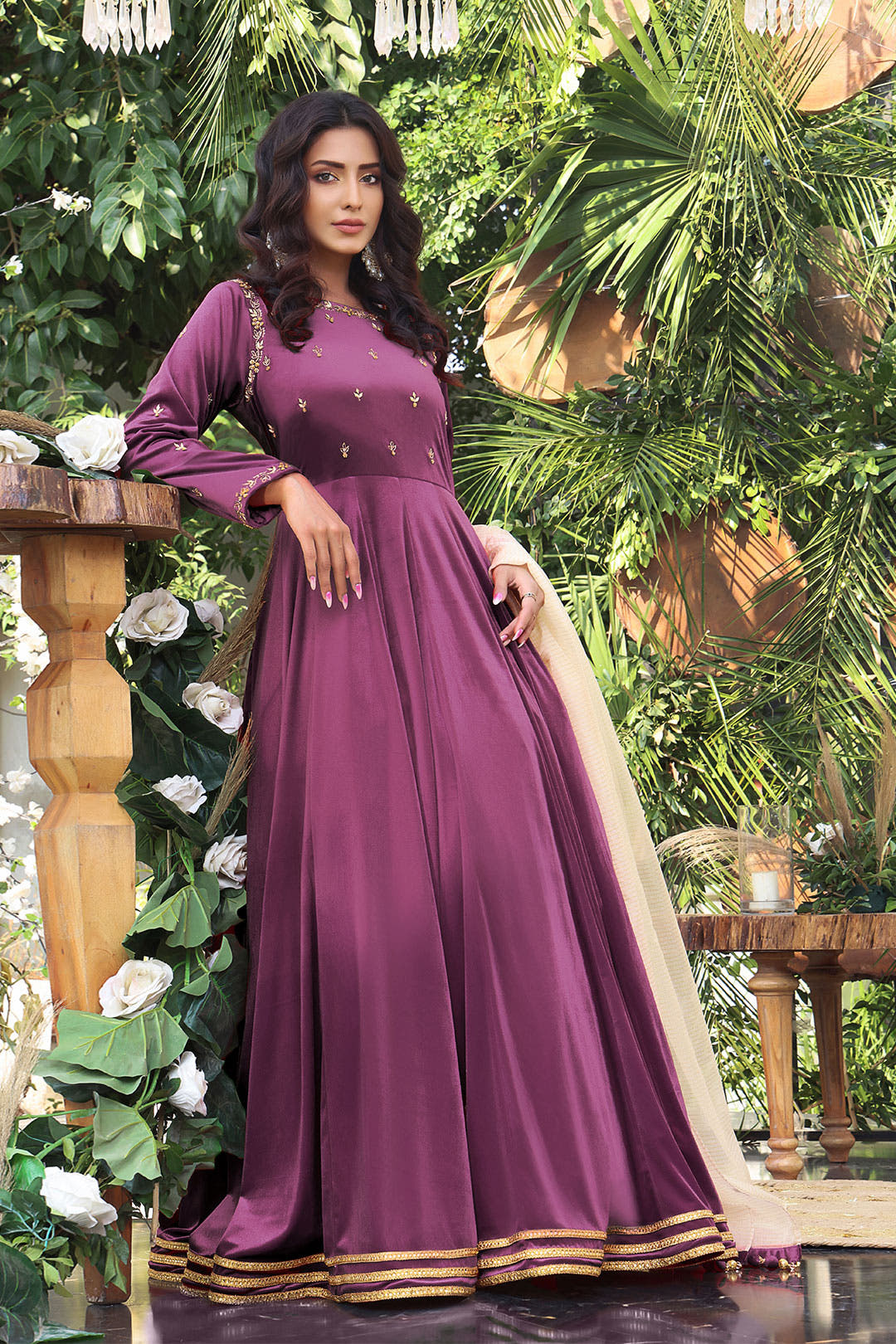 SANA'S red embroidered velvet maxi dress Pakistan occasion wear