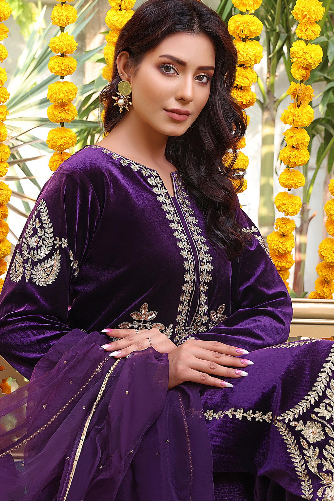 SANA'S red embroidered velvet suit Pakistan occasion wear