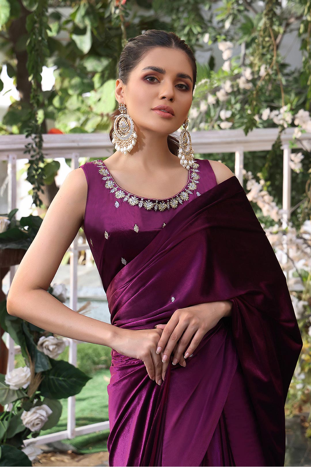 SANA'S red embroidered velvet saree Pakistan occasion wear
