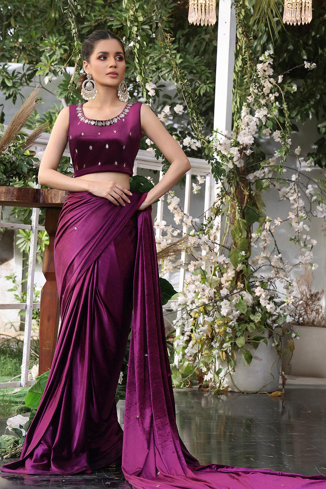 SANA'S red embroidered velvet saree Pakistan occasion wear