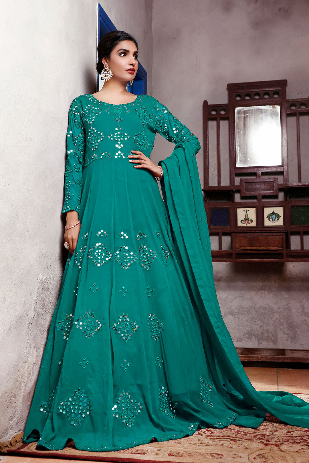 SANA'S red embroidered net maxi dress Pakistan occasion wear