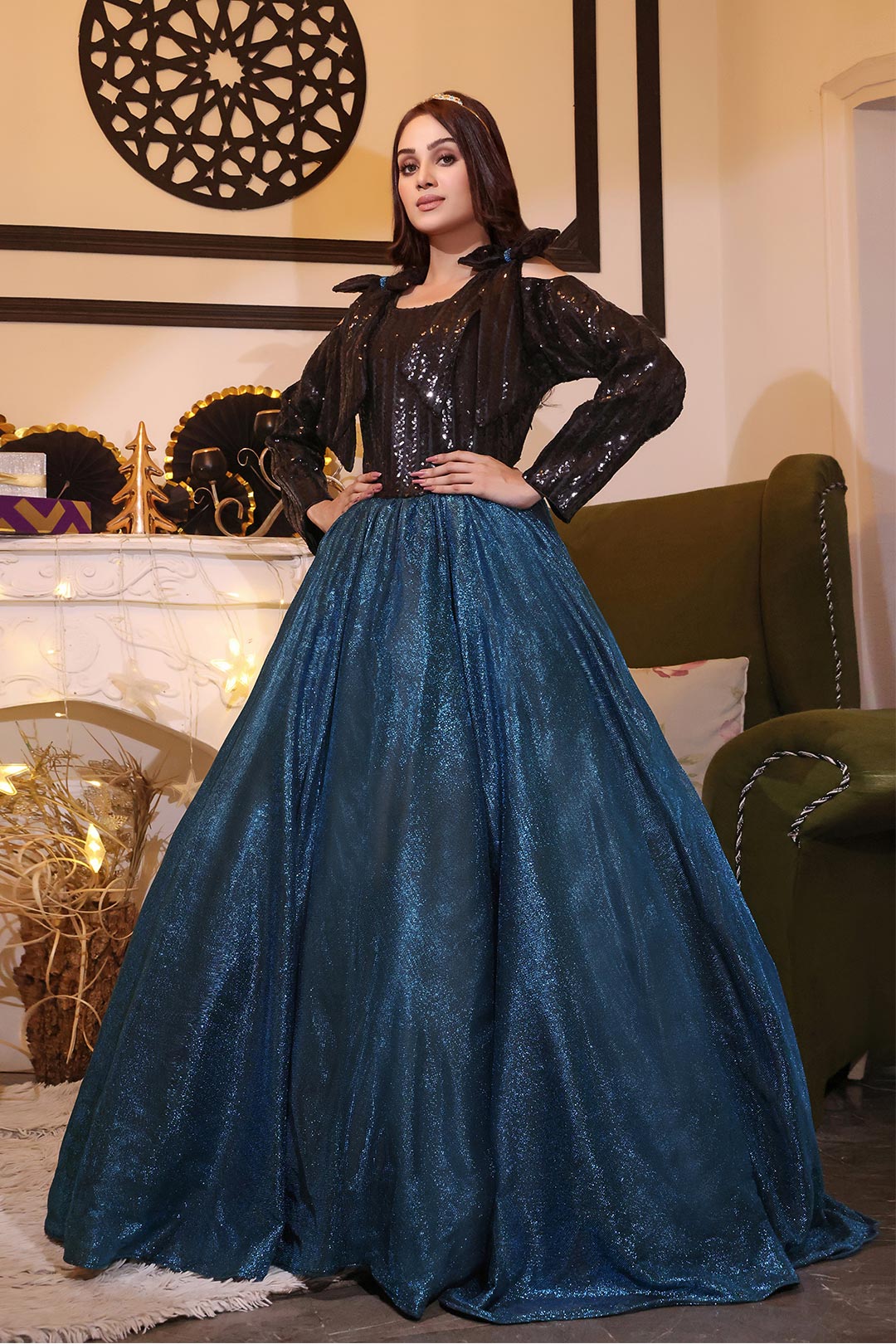 Moonlight Sequins Full Length Western Style Gown | Winter Festive | WM123148