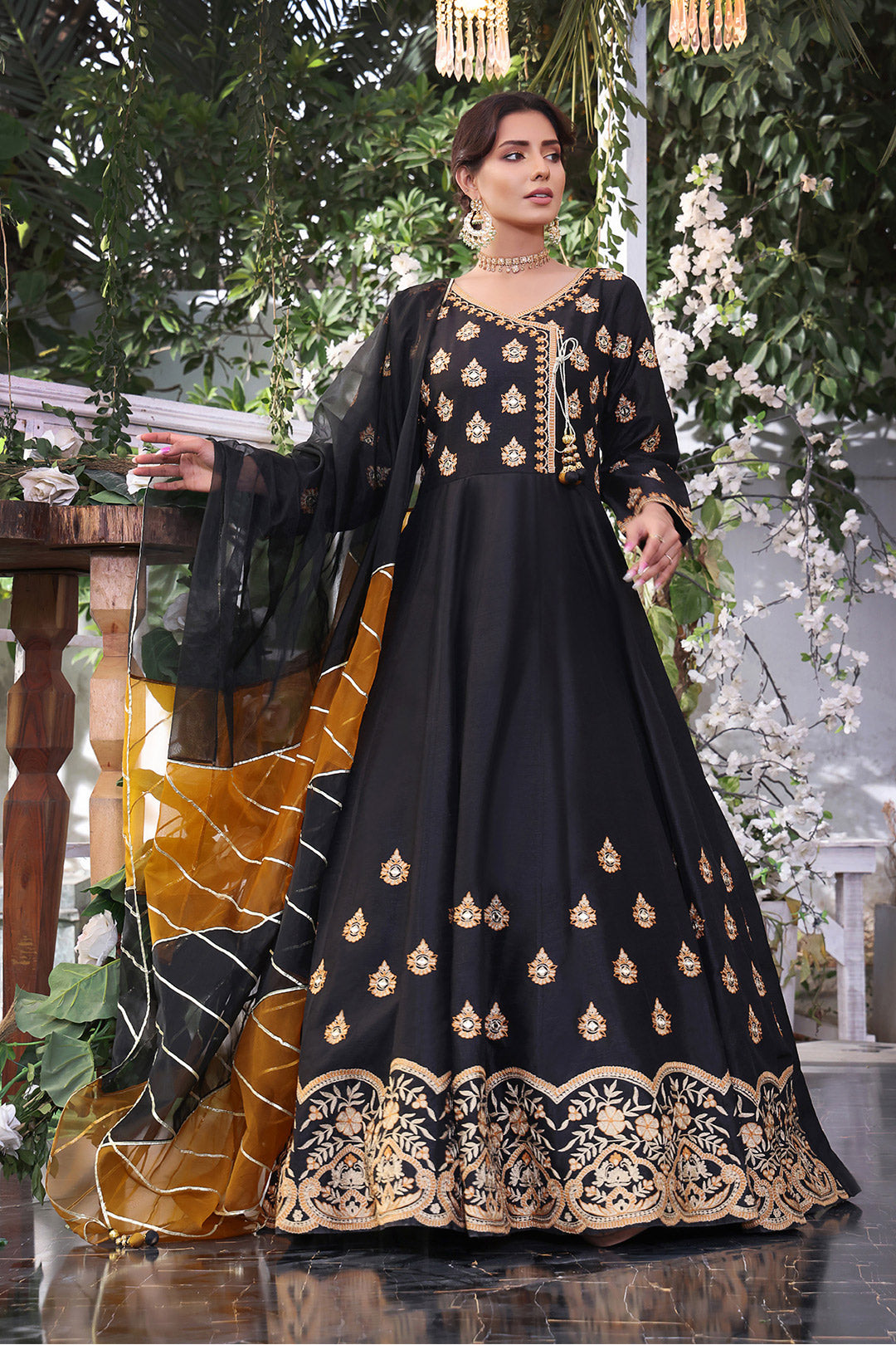 Zari Mirror Embroidered Angharka Style Long Maxi | ZEENAT | M202226