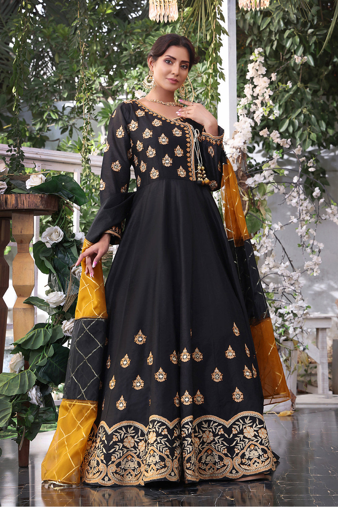Zari Mirror Embroidered Angharka Style Long Maxi | ZEENAT | M202226