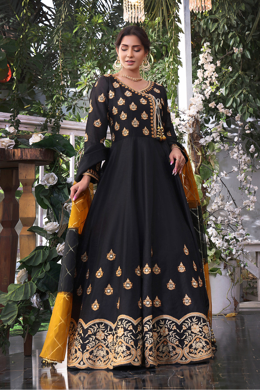 Zari Mirror Embroidered Angharka Style Long Maxi | ZEENAT | M202226