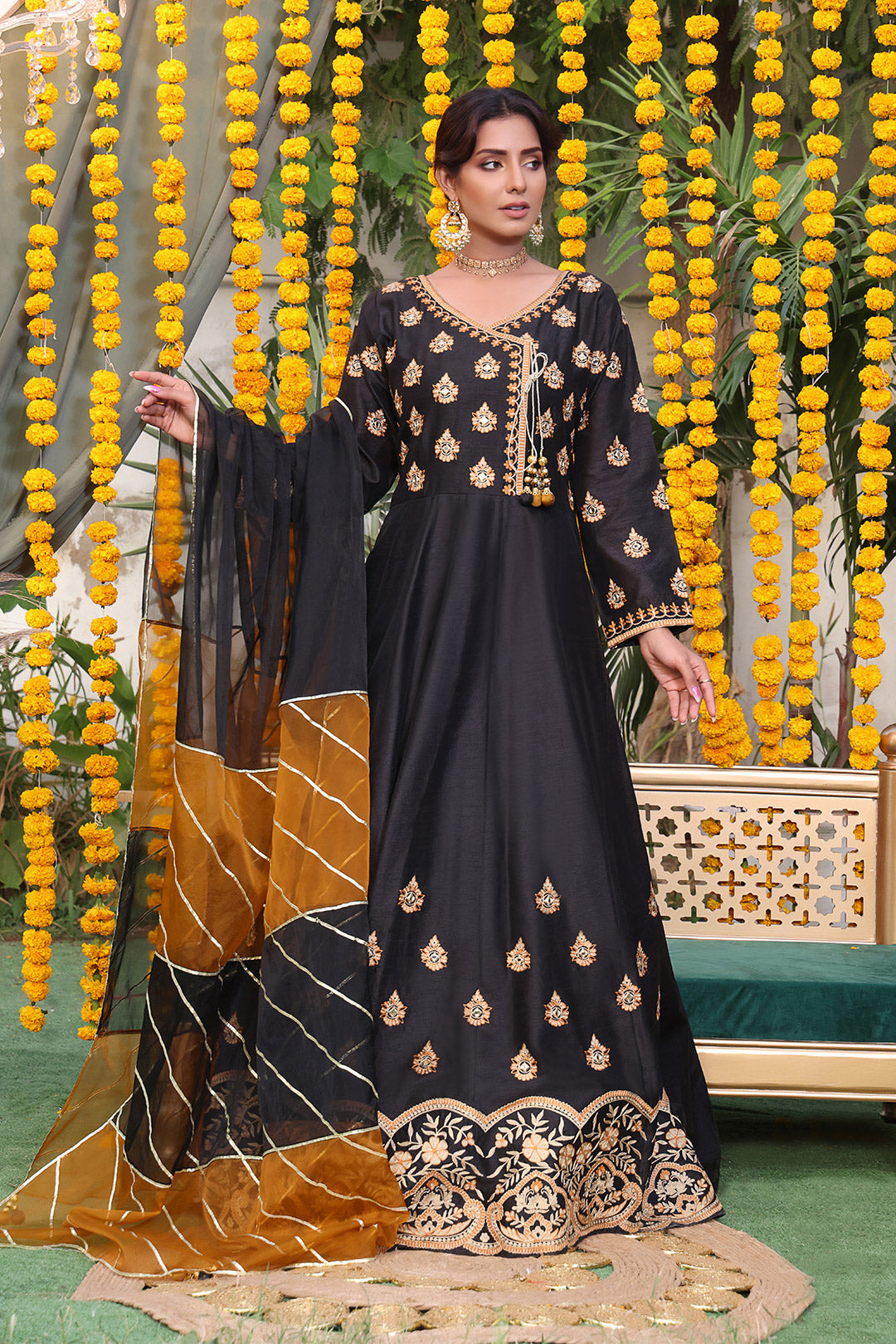 Zari Mirror Embroidered Angharka Style Long Maxi | ZEENAT | M202226